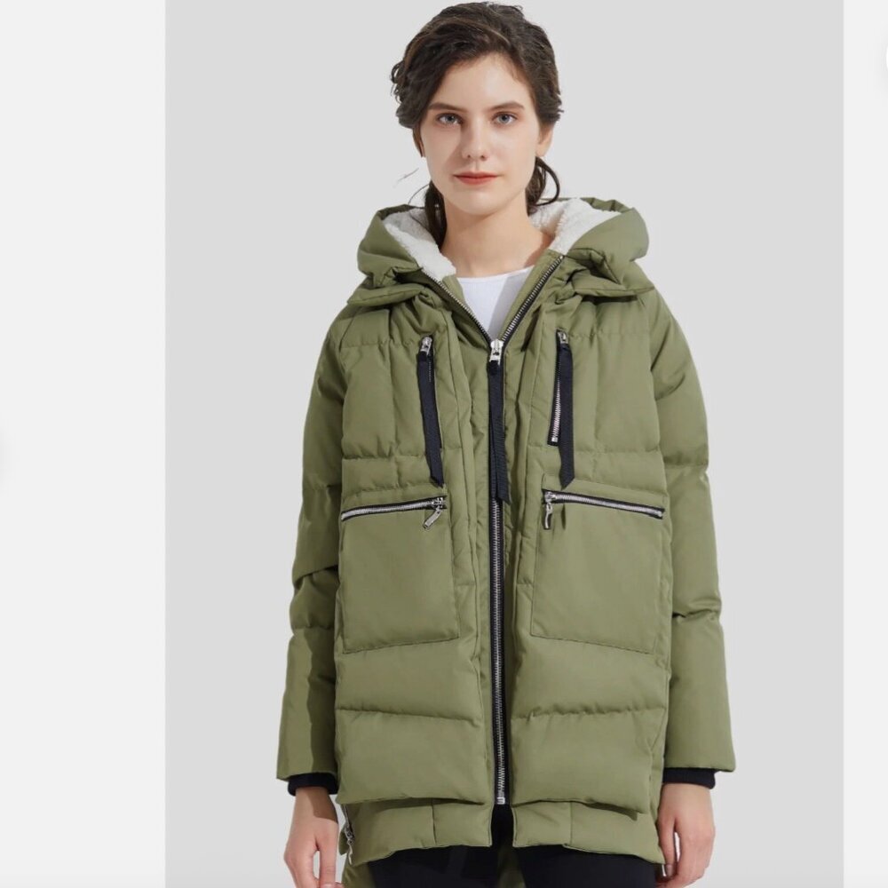 OROLAY Thickened Down Jacket Puffer Coat Parka Faux Sherpa Lined Hood Green XL